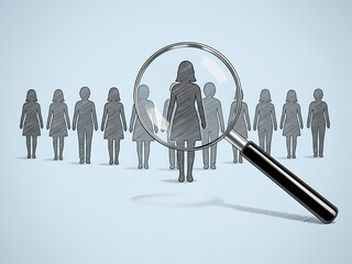 Magnifying glass focuses on one person silhouette from the group. Symbol of talent search employee recruitment. Concept of selection finding the best candidate for the job. Human Resources / Recruitme