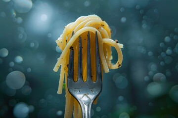 Close up of spaghetti seasoned with black pepper twirled on a fork, with a blurred background