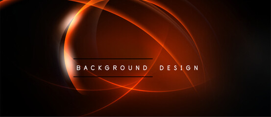 Abstract design features glowing orange curves over black background. Text reads background design. Modern, dynamic visual element.