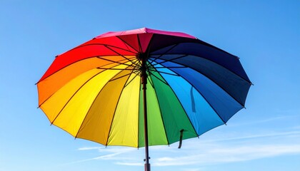 Colorful umbrella opened wide under a clear blue sky.