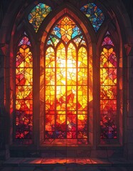 Obraz premium Stained glass window glowing with warm colored patterns.