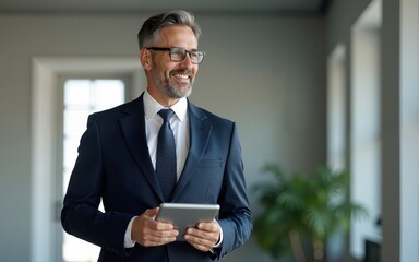 happy middle aged business man ceo wearing suit standing in office using digital tablet smiling mature businessman professional executive manager looking away thinking working on tech device