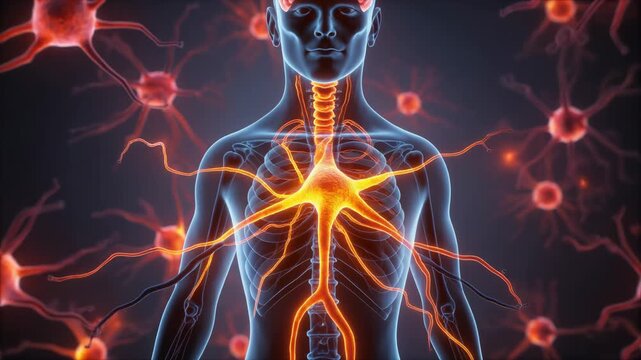 Animated human nervous system with zooming camera and surrounding neurons