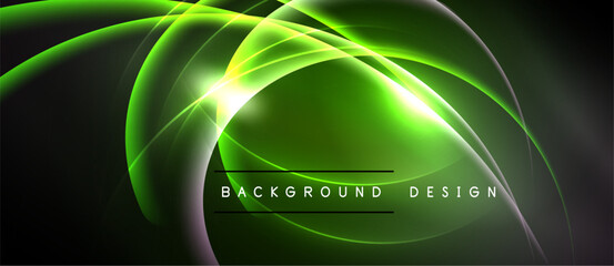 Abstract green light streaks form flowing curves. Dark background emphasizes bright, dynamic energy. Text reads background design.
