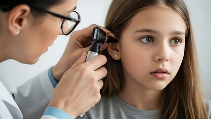 Doctor Examining Young Girl's Ear with Otoscope in Clinic Setting