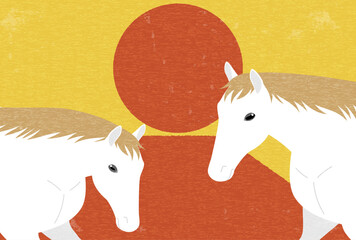 2026年午年のレトロな年賀状、富士山と初日の出を背景に挨拶する白馬