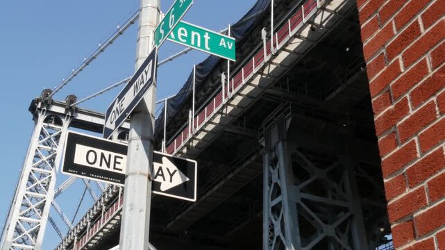 Williamsburg Bridge in Brooklyn, New York City, United States. Transport metallic bridge near Marcy Av subway station and Domino park in Williamsburg. Kent avenue road sign on street, One way traffic.