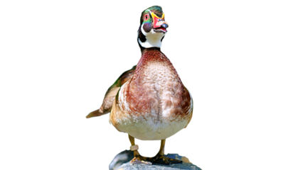 close up of male wood duck isolated on white, standing on a stone 