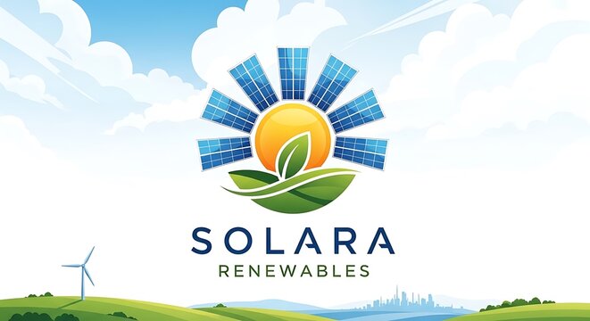 Solara Renewables Logo with Sun, Solar Panels, and Wind Turbine on Green Hills.