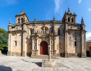 Fototapeta premium Large, classic stone building with ornate carvings, red door