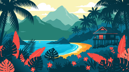 Exotic tropical island paradise with lush vegetation and a stilted beach house overlooking a serene bay © PDWN Creative