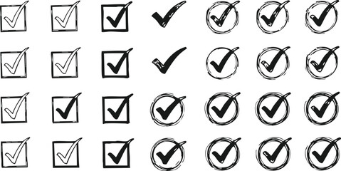 Hand Drawn Black Check Mark Icons Set Variations Isolated on Transparent Background