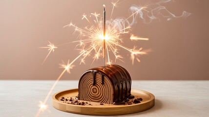 Chocolate roll cake with sparkling candle on wooden plate celebration concept
