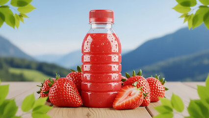 Fresh strawberry juice in a clear plastic bottle with mountain scenery and bright blue sky background, refreshing natural drink concept