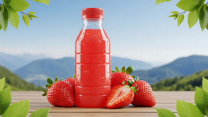 Fresh strawberry juice in a clear plastic bottle with mountain scenery and bright blue sky background, refreshing natural drink concept