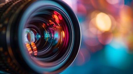 Close up shot of a professional camera lens with bokeh background