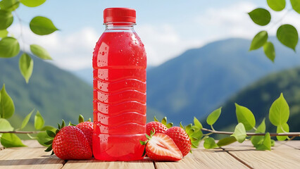 Fresh strawberry juice in a clear plastic bottle with mountain scenery and bright blue sky background, refreshing natural drink concept