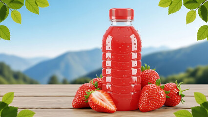Fresh strawberry juice in a clear plastic bottle with mountain scenery and bright blue sky background, refreshing natural drink concept