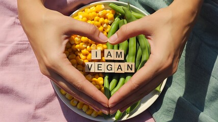 Vegan concept with hands forming heart around vegetables and i am vegan text
