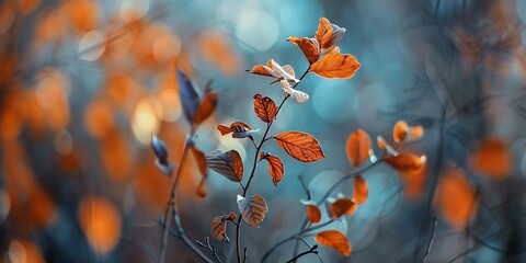 A serene autumnal scene featuring delicate orange leaves against a bokeh background