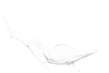 Abstract white liquid splash caught mid-motion on a transparent  background. The transparent fluid forms an elongated, dynamic, and intricate shape with delicate droplets