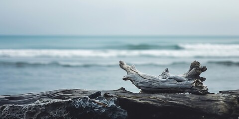 Driftwood adorns the rocky shoreline on a hazy coastal day