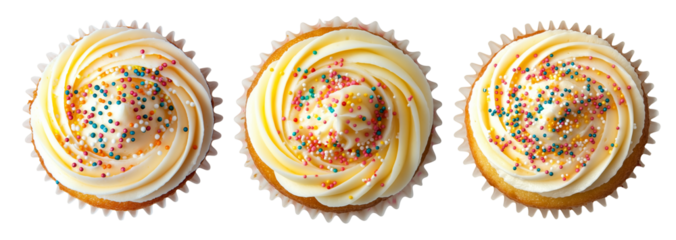 Vanilla cupcake topped with creamy white frosting and colorful sprinkles, isolated on white transparent background