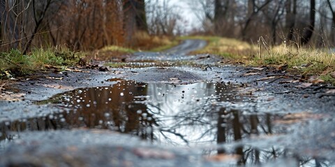 Reflections on a Rain Soaked Path Leading into a Distant Forest
