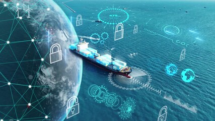Future Supply Chain cyber security container smart port. Ocean Carriers, marine cargo ship AI technology logistics tracking digital automation freight networks. Big Data risk industry transportation. - Powered by Adobe