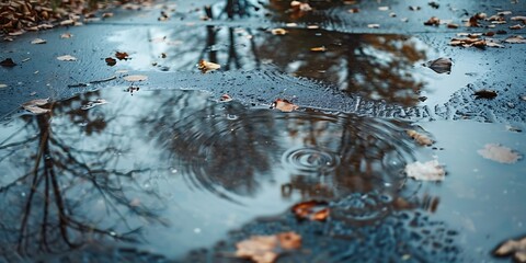 Reflections of trees in a puddle with fallen leaves on wet pavement
