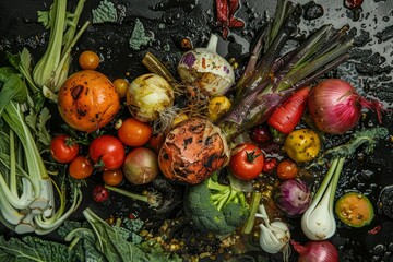 Spoiled vegetables decomposing, creating an abstract pattern, highlighting food waste and composting