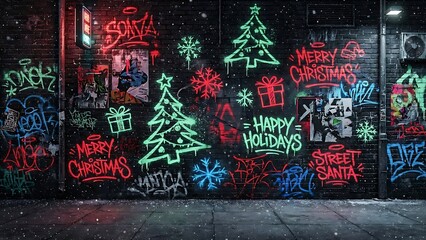 Festive Holiday Graffiti Art on Brick Wall during Winter Season