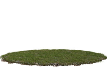 Obraz premium Vibrant green grass patch, slightly irregular oval shape, with textured soil edges, standing alone on a pure transparent background. A versatile cutout element