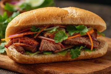  Vietnamese Banh Mi sandwich close up, on a wooden board, natural light.