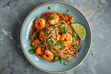 Plate of Pad Thai. Top-down angle, vibrant food photography
