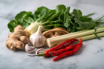 Fresh ingredients of Asian cuisine. Close-up, shallow depth of field, food styling.