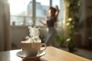 A cup of steaming coffee on the table and the silhouette of a dancing woman, as a concept of a joyful start to the day
