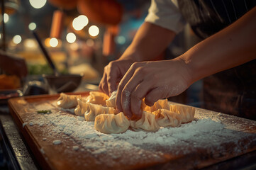 A chef's hands form dumplings