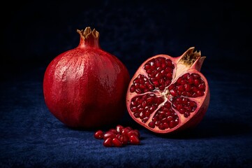 one whole and one half of a juicy pomegranate on a dark blue background