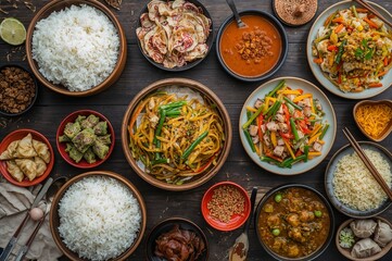  Asian feast layout, overhead shot, on a dark wooden table