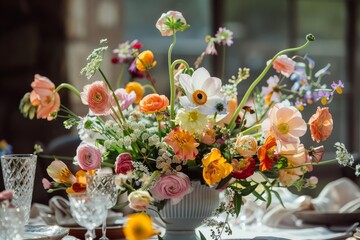 Obraz premium Vibrant floral arrangement adding a touch of elegance to a celebratory meal