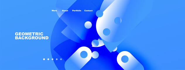 Naklejka premium Blue abstract design. Geometric shapes, bubbles, gradients create modern website header or banner. Navigation visible.
