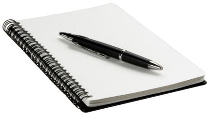 Black ballpoint pen resting on a blank spiralbound notebook, ideal for office supplies, stationery, and business concepts.