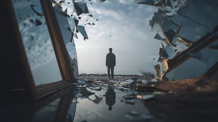 figure standing in broken mirror reflections, trapped between multiple realities, metaphor for inner anxiety, 