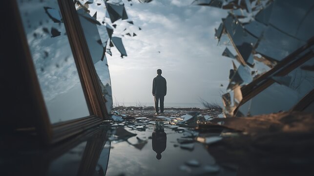 figure standing in broken mirror reflections, trapped between multiple realities, metaphor for inner anxiety, 