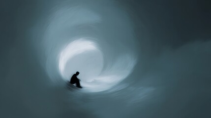 minimalist scene showing a figure stuck in a spiral tunnel, expression of anxiety and mental exhaustion, soft focus, 