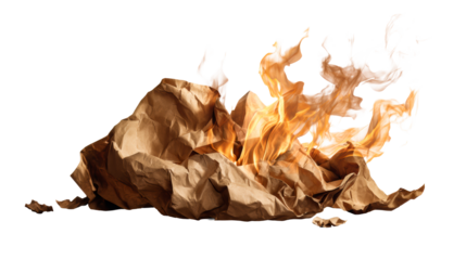 Crumpled brown paper bag engulfed in bright orange flames and smoke, representing destruction or a burning idea, perfect for concepts like failure or inspiration in advertising and media.