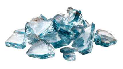 Pile of broken blue glass shards with rough edges and brown inclusions, symbolizing destruction, fragility, or a hazardous material, ideal for abstract textures or concepts of damage and