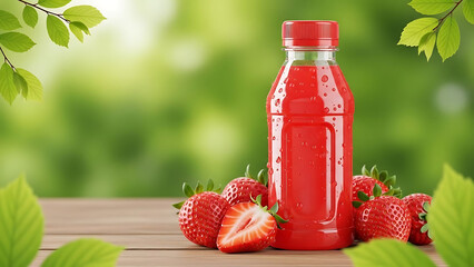 Fresh strawberry juice in a clear plastic bottle with vibrant green tree leaves background, natural refreshing drink concept, organic fruit beverage