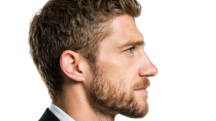 Profile portrait of a lightskinned man with brown hair and beard, wearing a suit jacket and collared shirt, perfect for business and corporate use.